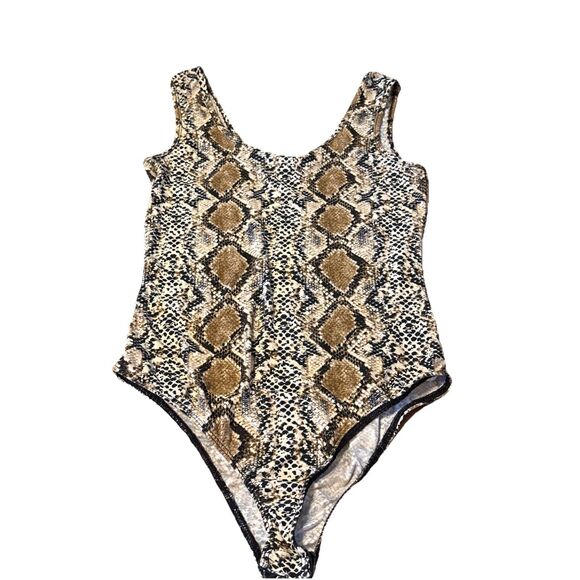 Orange Kiss Brand Tan Black Snake Print Scoop Neck Bodysuit Stretchy Size Small - Picture 1 of 6